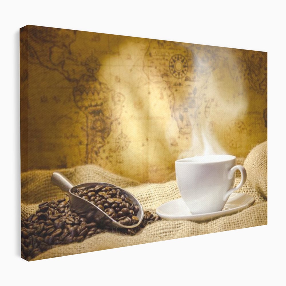Tablou canvas cu ceasca de cafea cu boabe pe sac de iuta, fara rama, pe sasiu de lemn